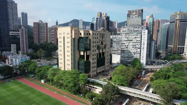 Drone Aerial Skyview of Hong Kong Victoria Park near Tai Hang Wan Chai Causeway Bay Tin Hau Fortress Hill, is a large urban oasis in the bustling HK Island premium commercial and residential concrete 