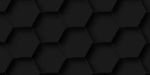 Fotobehang Black Seamless pattern with hexagonal technology line paper background. Hexagonal vector grid tile and mosaic structure mess cell. dark black and gray hexagon honeycomb geometric copy space. © MdLothfor
