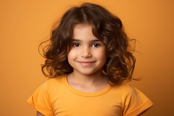 portrait of smiling little girl with long curly hair on orange background
