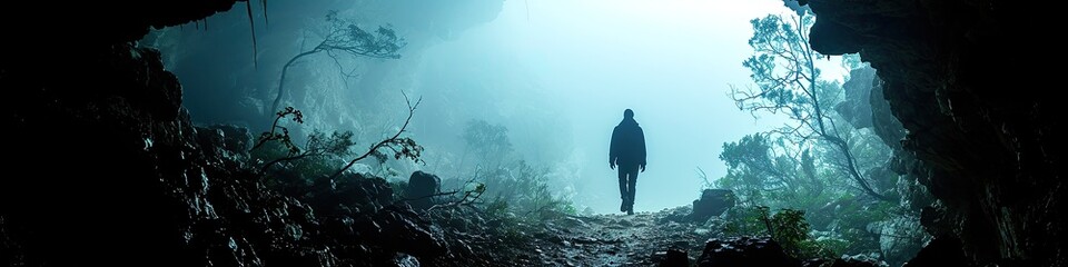 Person Walking Out of Cave Opening into Jungle - obrazy, fototapety, plakaty