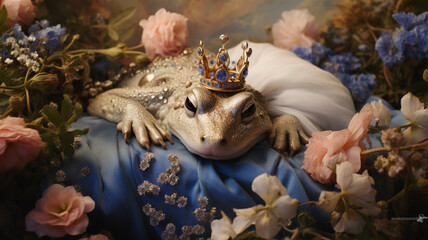 Fairy tale frog prince with a crown and royal ornaments