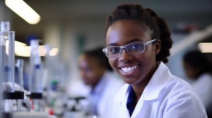 Fototapeta premium Black woman scientist, smiling at work