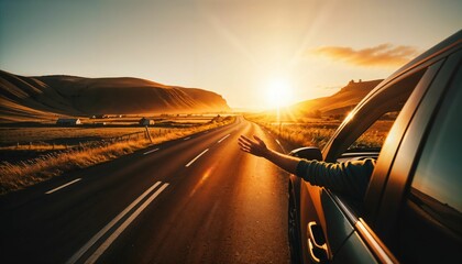 Road trip concept - hand held out of an open window, sunset in the foreground - obrazy, fototapety, plakaty