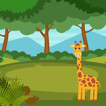 Cartoon forrest scene with Giraffe and squirell, trees, grass