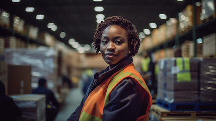 Black woman working in a warehouse, smiling happy to work - obrazy, fototapety, plakaty
