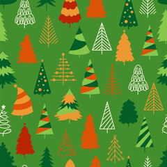 Christmas doodle tree New Year seamless pattern. Noel celebrate traditional symbol trendy boundless repeat background. Xmas winter pine wood endless design print, wrapper packaging backdrop template