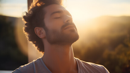 A detailed shot capturing a calm gentleman engaged in morning meditation, inhaling the crisp morning air.