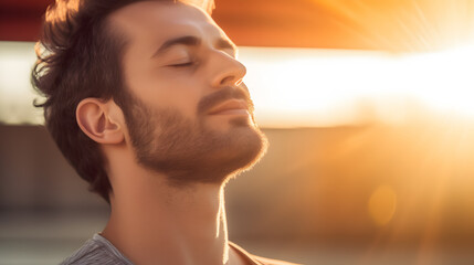 Up-close image of a composed man engaging in morning meditation, inhaling the pure and revitalizing...