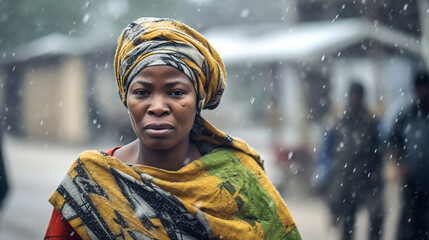 African woman in the snow - obrazy, fototapety, plakaty