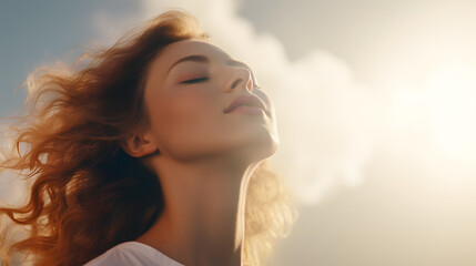 Detailed shot of a serene woman meditating in the morning, breathing in an invigorating breath of fresh air.