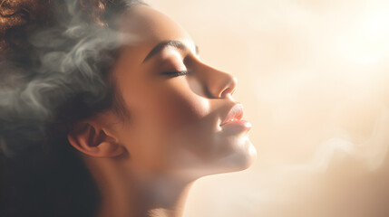 Fototapeta premium A detailed shot of a serene Latin woman deeply engaged in morning meditation, refreshingly breathing in the morning air.