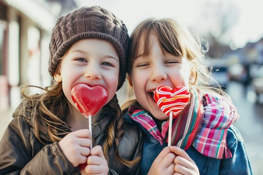 children eating heart shaped lollypop candy