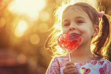 girl eating heart shaped lollypop candy - obrazy, fototapety, plakaty