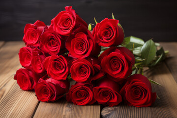 A dozen red roses, Valentine's Day gift isolated on a wooden table top