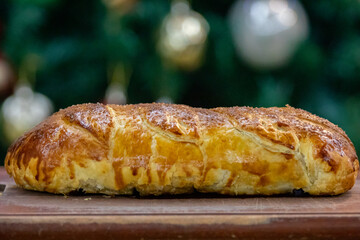 Traditional and Perfect homemade juicy Beef Wellington, tenderloin dish on rustic wooden table. Christmas food