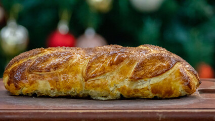 Traditional and Perfect homemade juicy Beef Wellington, tenderloin dish on rustic wooden table. Christmas food
