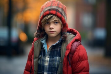 Portrait of a boy in winter clothes on a city street.