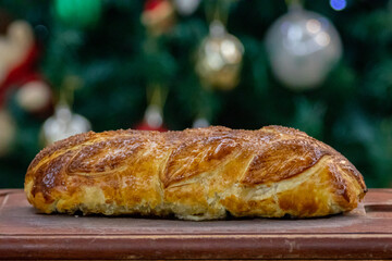 Traditional and Perfect homemade juicy Beef Wellington, tenderloin dish on rustic wooden table. Christmas food