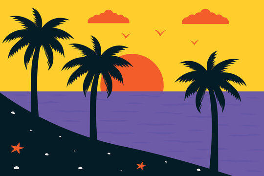  Beach background. Sunset on the beach with palms. Vector illustration, EPS 10.