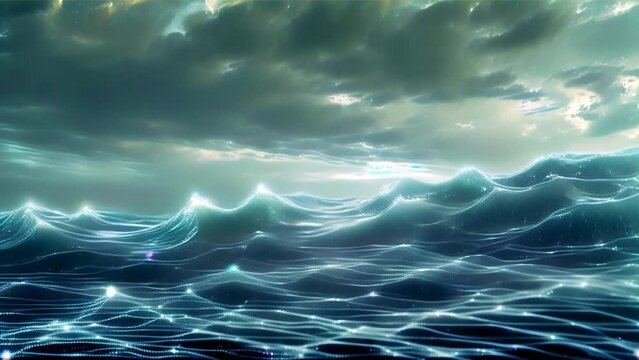 a digital sea with churning waves. Dark clouds hang low, with lines of light reflecting off the water's surface.
