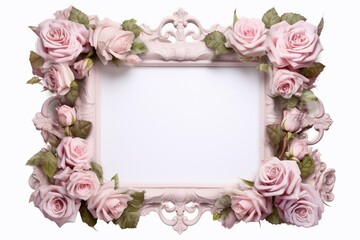 Fototapeta na wymiar Romantic roses around a frame on white background