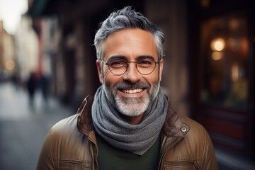 Portrait of a handsome mature man with beard and eyeglasses in a city.