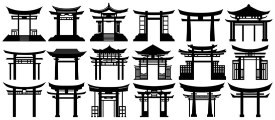 Set collections Japanese traditional gate black silhouette icon symbol. Torii gate castle design vector illustration - obrazy, fototapety, plakaty