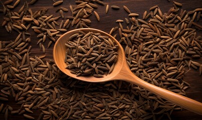 caraway seeds on wooden spoon - obrazy, fototapety, plakaty