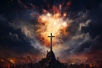 The cross and fireworks in the sky