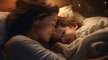 Sleeping mother, son, and dog, Generative Ai