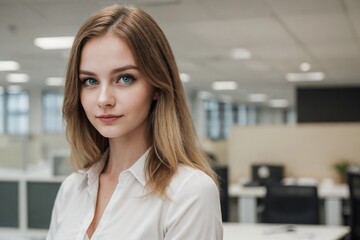 Portrait of a beautiful young businesswoman against blurred office with copy space.