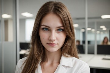 Fototapeta premium Portrait of a beautiful young businesswoman against blurred office with copy space.