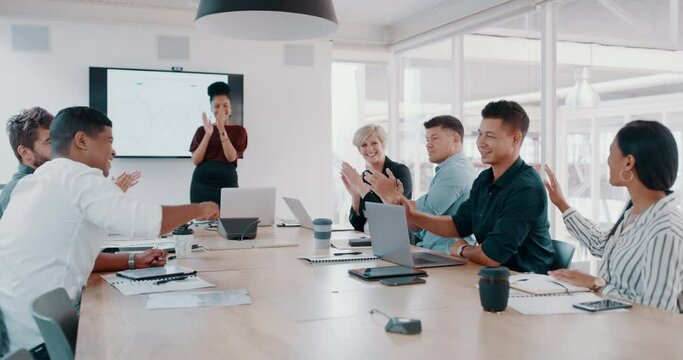 Success, fist bump and meeting with business people in office for strategy, winner and workshop. Support, project management and teamwork with employees and applause in boardroom for deal and idea