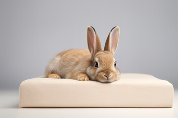 Image of cute rabbit lying on a sleeping cushion. Pet. Animals. - obrazy, fototapety, plakaty