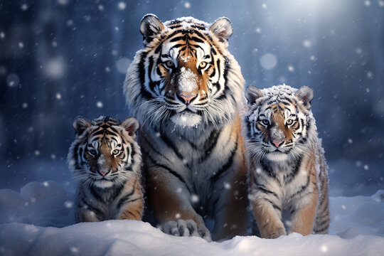 Image of family of siberian tigers is in the middle of a snowstorm in the forest. Mammals. Wildlife Animals. Ai.