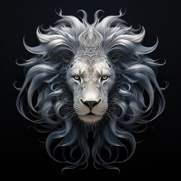 The head of a male lion has a long, beautiful mane of fur on black background, Mammals, Wildlife Animals. Illustration, Generative AI.