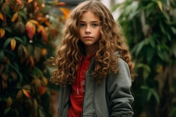 portrait of a little girl with curly hair in the autumn park