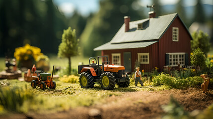 Obraz premium Miniature of farm activities in the village. There are farmers, cars, rice fields, cows, chickens and others.