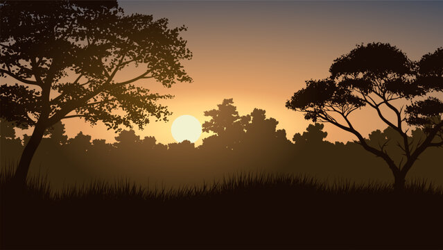 Beautiful vector forest sunrise landscape with trees in silhouette
