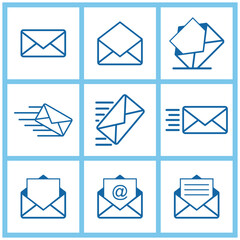 Set of mail icons. Envelope, letter. Vector illustration, Collection of mail and messaging icons. Design elements for several message icons like mobile apps, websites or UI