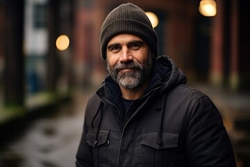 Portrait of a bearded man with a hat and jacket in the city