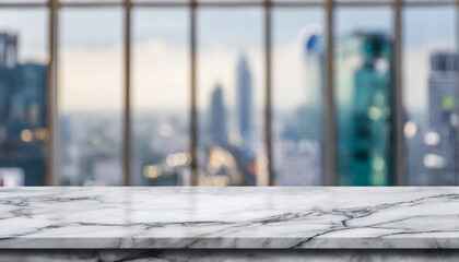 White marble stone table top and blur glass window wall building with city view background - can used for display or montage your products.