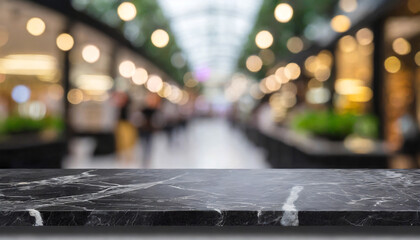 Empty black marble stone table top on blurred with bokeh shopping mall and restaurant background - can be used for display or montage your products