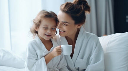 Smiling mother and child have Breakfast in bed, in cozy hotel room. The concept of family, love, care. - obrazy, fototapety, plakaty