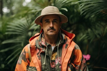 Portrait of a man in a raincoat and hat in the jungle