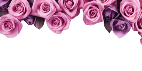 Banner with purple roeses, Greeting card template for Wedding, mothers or woman day. Springtime composition with copy space. Flat lay style  - 1