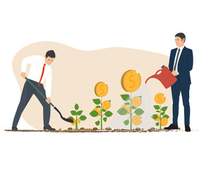 Fototapeta premium Businessmen are helping to water and till the money tree to grow for more income, finance, investment, banking, doing business. Vector illustration.