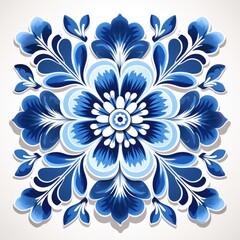 Obraz premium ceramic tile in talavera style with navy blue floral ornament.Rustic blue tile watercolor seamless pattern.
