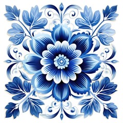 Fototapeta na wymiar ceramic tile in talavera style with navy blue floral ornament.Rustic blue tile watercolor seamless pattern.