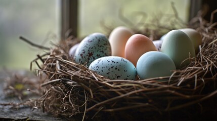 A nest with colorful eggs. 